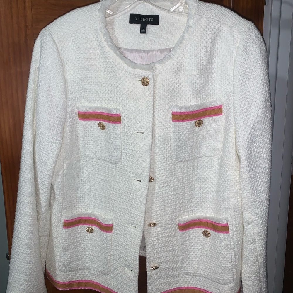 Talbots Women's White Tweed Jacket with Pink Accents - Picture 1 of 4